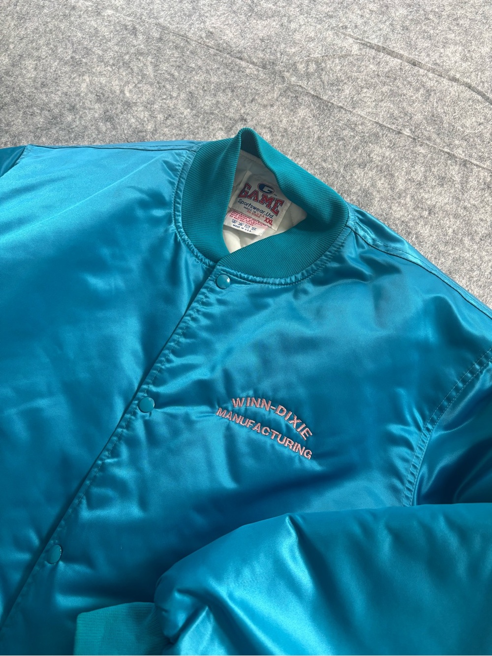 Vintage Winn-Dixie Manufacturing Satin Jacket XXL Teal Blue Game Sportswear USA